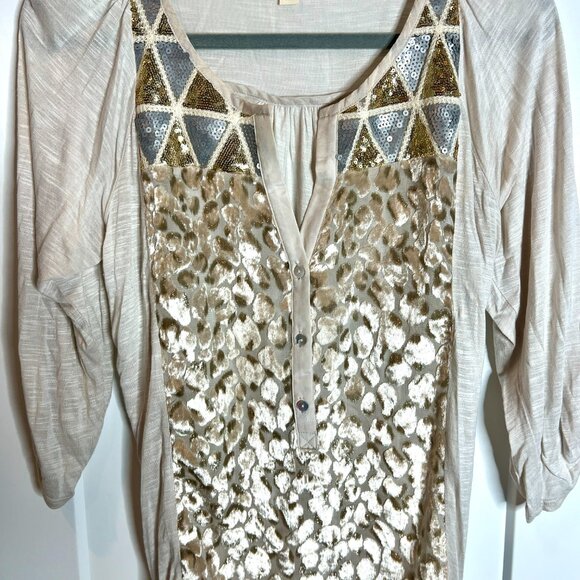 Anthropologie TINY Sequin Crushed Velvet Animal Print Henley Top Size Small - Picture 3 of 4